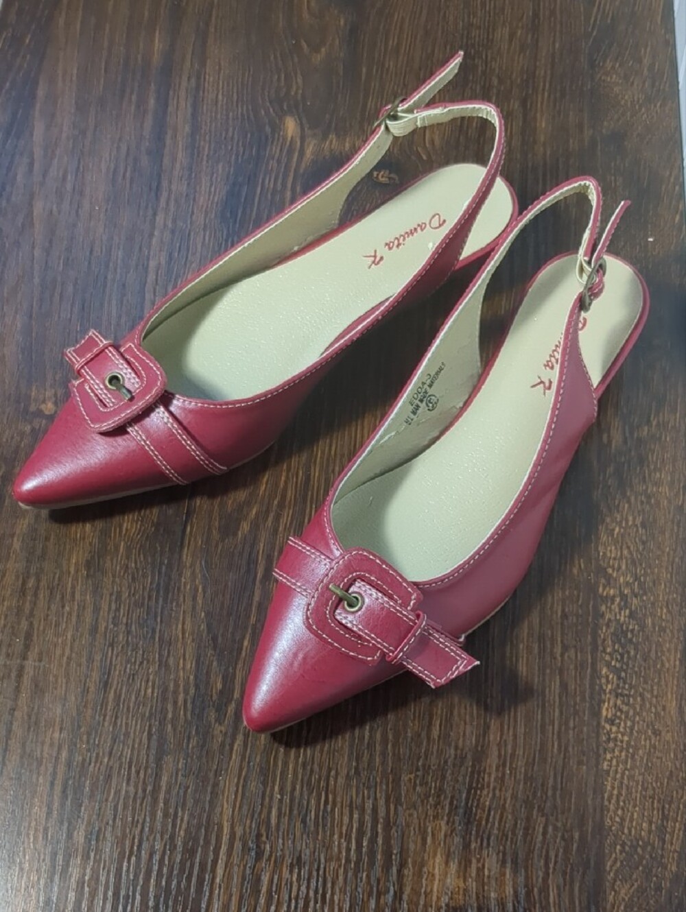 Damita K Red Pointed Toe Buckle Slingback Kitten Heels Retro Office Siren 5.5